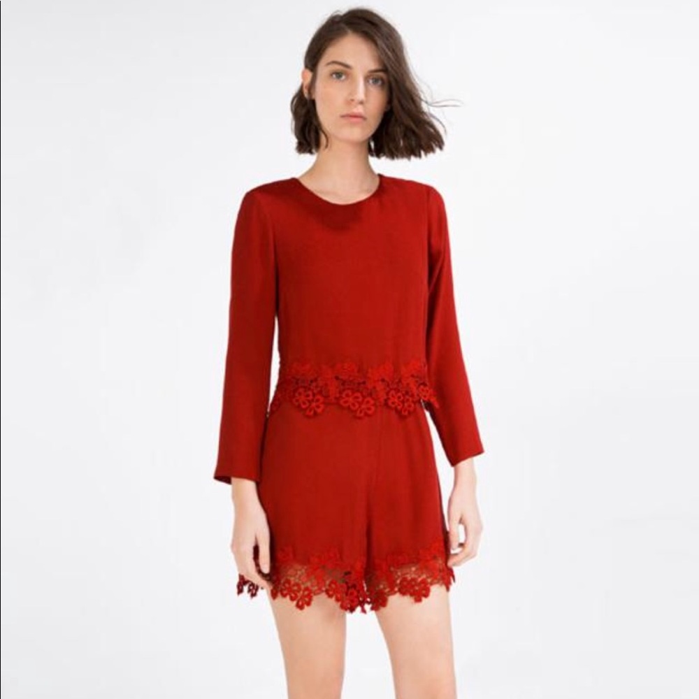 NWT✨ Zara Red Long Sleeve Lace Trim Romper